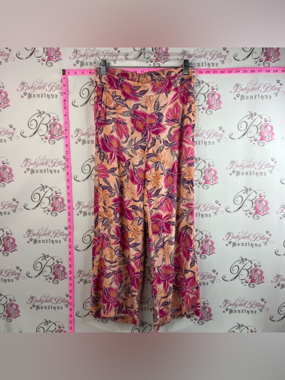 Old Navy pants flare comfy Peach Floral Boot Cut Pants with Pink & Purple Print